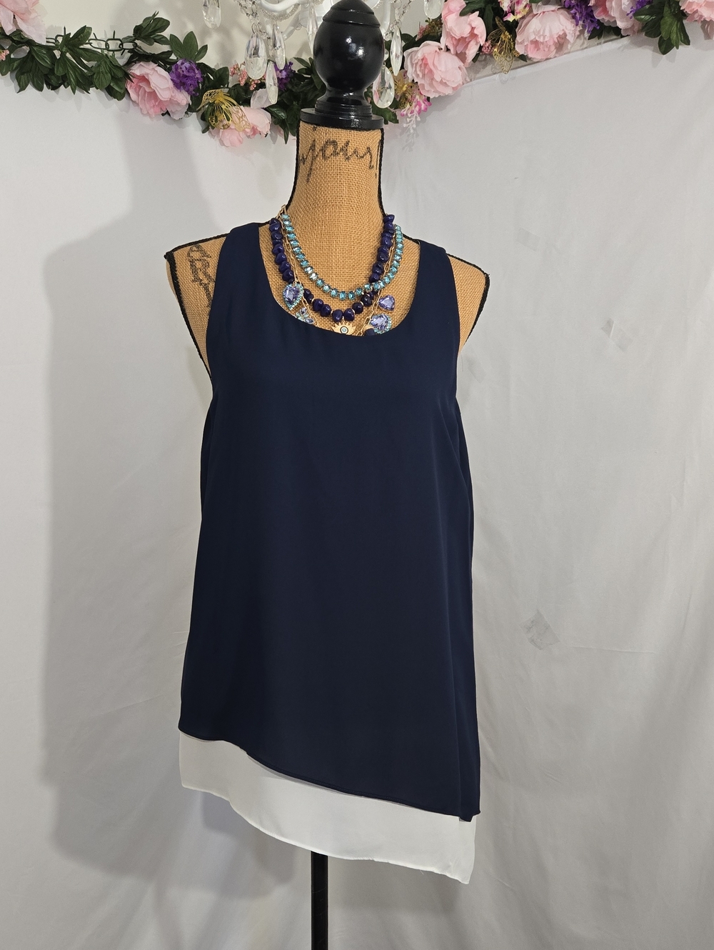 Max Studio Navy Tank with White Layered Hem